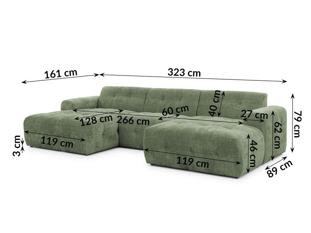 WOHNLANDSCHAFT inkl. Hocker Kozy im Bumpy-Design mit Schlaffunktion und fester Rückenlehne aus weichem Grün Chenille-Stoff - Schwarz/Grün, Holz/Kunststoff (323/79/161cm) - S-Style