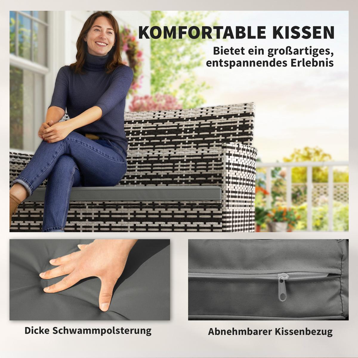 GARTENBANK 2-Sitzer aus PE-Rattan-Stahl Hellgrau - Dunkelgrau/Beige, Textil/Metall (63/85/115cm) - Outsunny