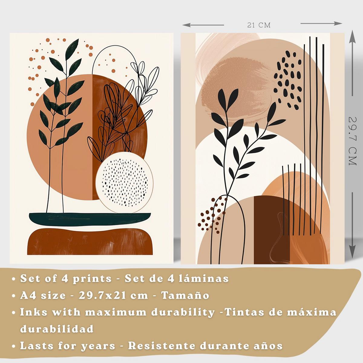 POSTER 4er Kunstdruck-Set Wandbilder Botanisch Abstrakt modern Wohnzimmer Deko, Schlafzimmer, Küche, Badezimmer Schwarzer Rahmen A4 - Schwarz, Papier (29.7/1/21cm) - Nacnic