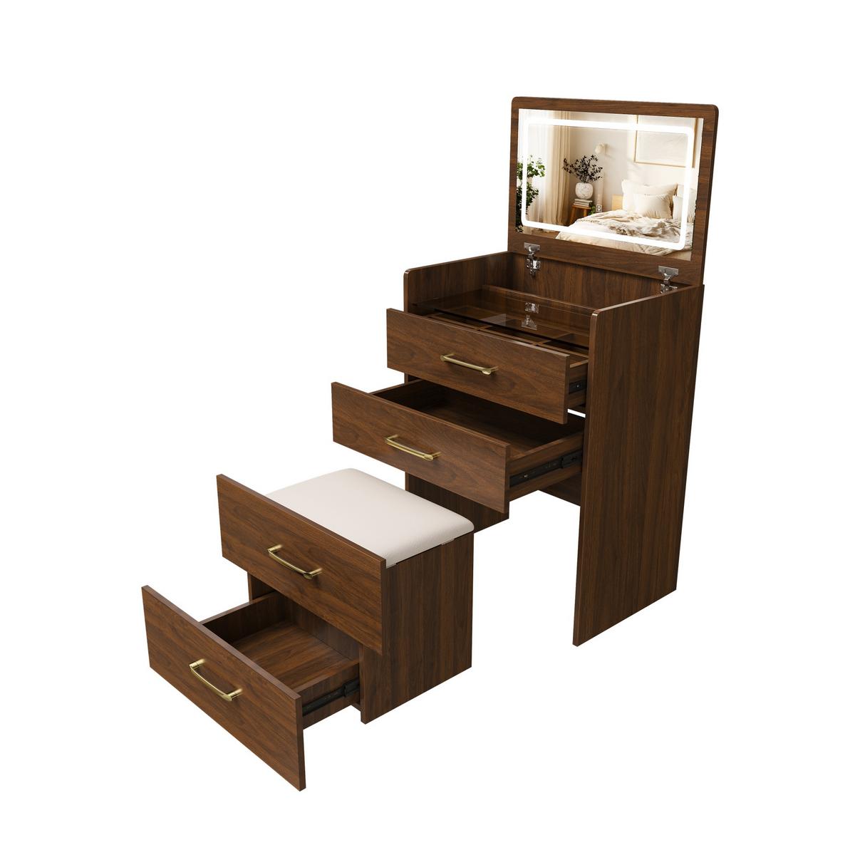 SCHMINKTISCH 3-in-1 Set Walnuss-Optik & Glas mit LED-Klappspiegel & Hocker - Walnussfarben, Holzwerkstoff (60/118/40cm) - Urban Meuble
