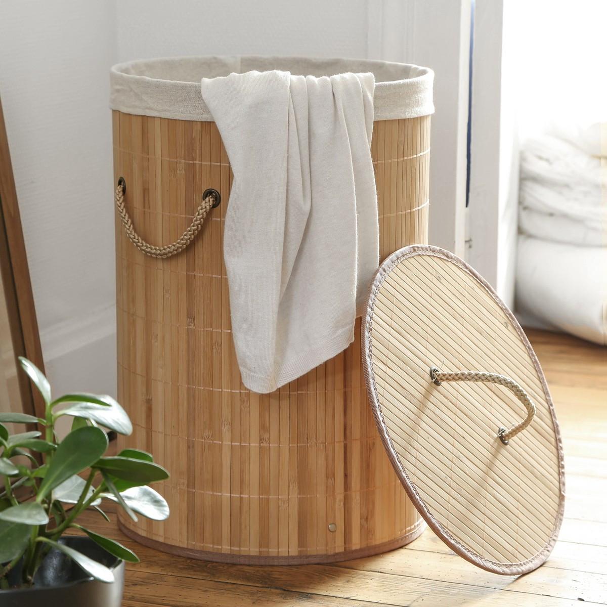 WÄSCHEKORB aus Bambus rund 60l - 40/40/50 cm - Eschefarben, Holzwerkstoff (40/50/42cm) - Calicosy
