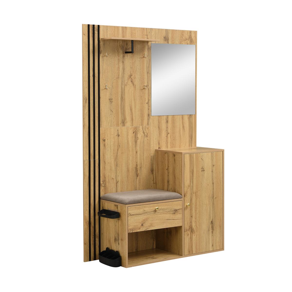 KOMPAKTGARDEROBE in Natur-Optik – mit Spiegel & Schirmständer - Naturfarben, Holzwerkstoff (115/185/37cm) - Urban Meuble