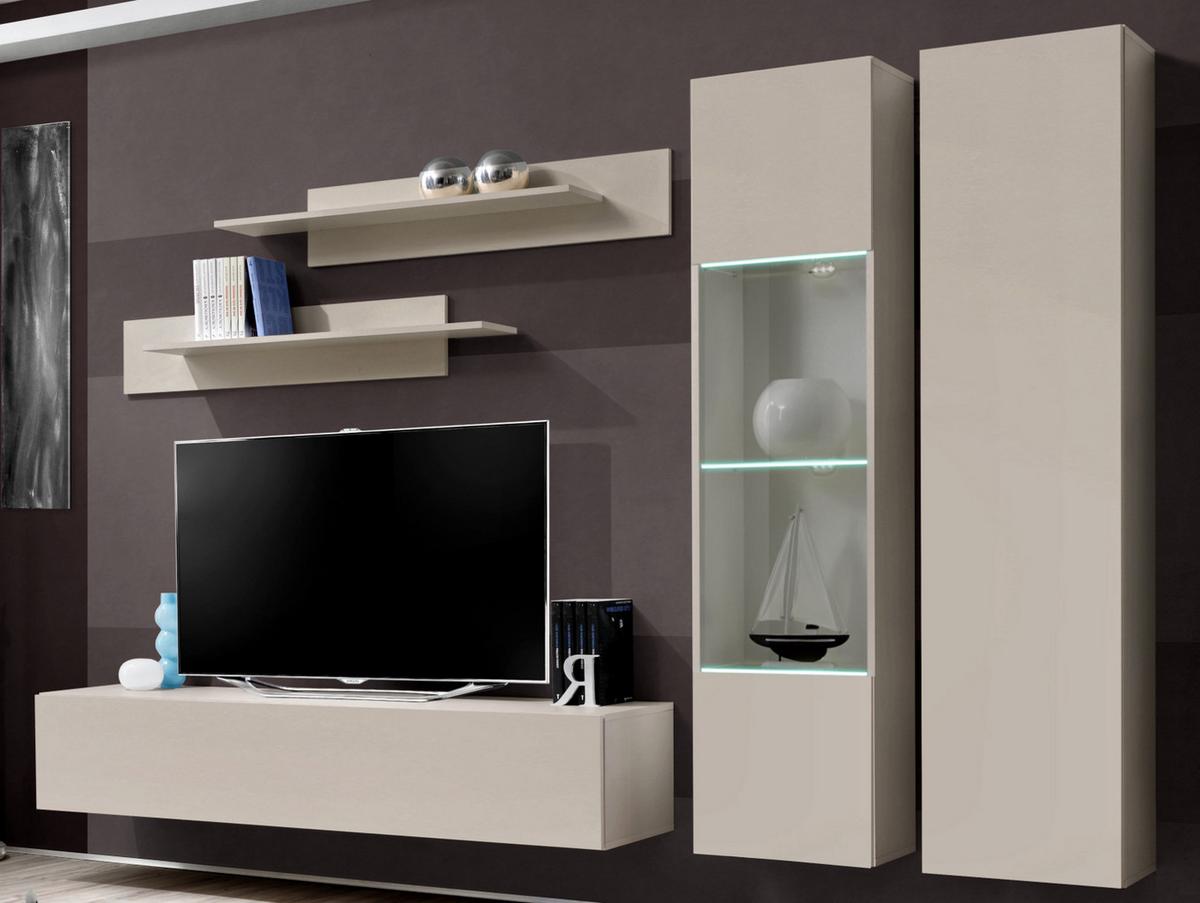 WOHNWAND Kaschmir 260 cm 5-teilig hängend, Anbauwand mit LED-Beleuchtung - Kaschmir, Glas/Holzwerkstoff (260/170/40cm) - Inn.Furn