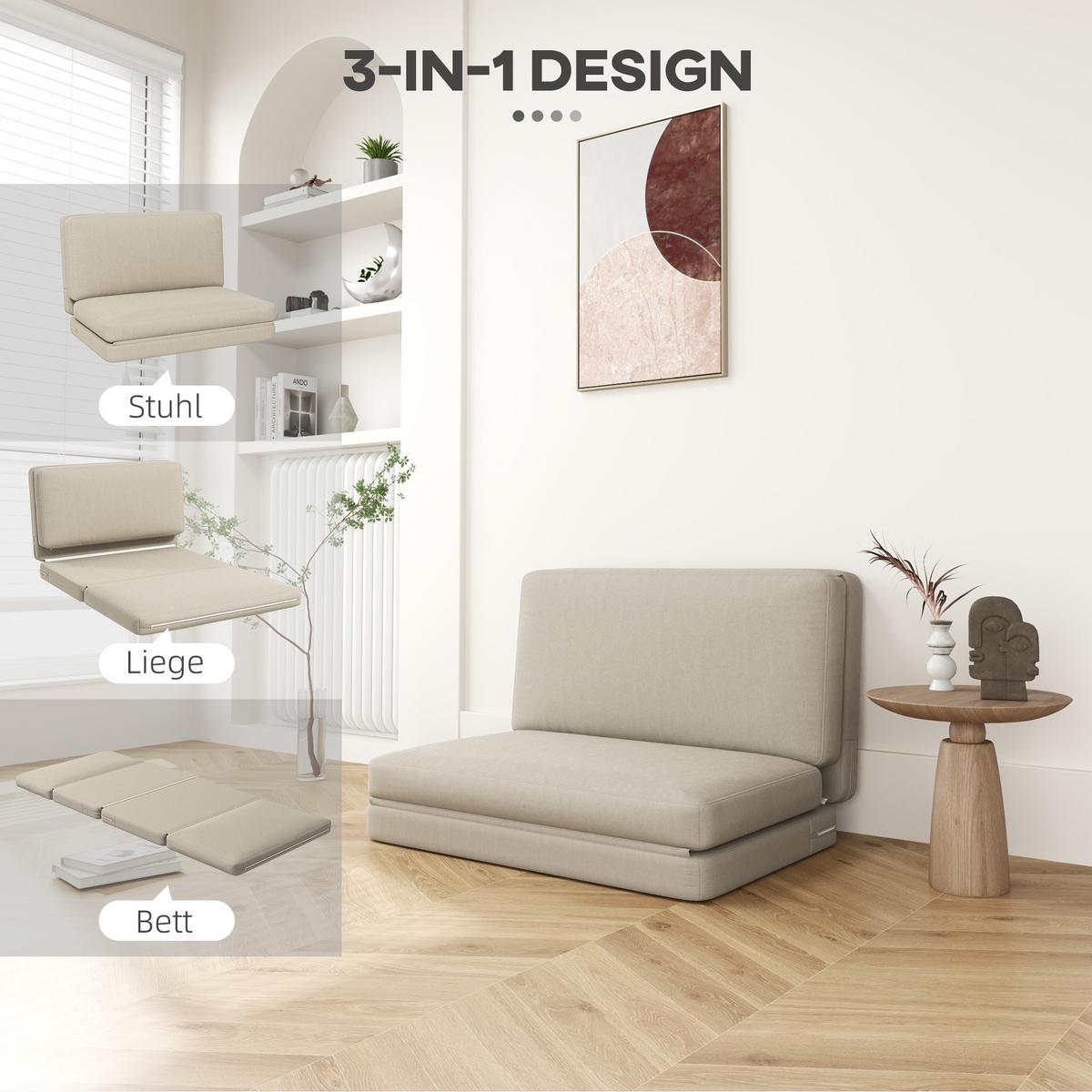 BODENSOFA 3-in-1 Klappbar Schlafsofa mit Samtoptik für Schlafzimmer, Wohnzimmer - Beige, Textil (120/10/275cm) - HOMCOM