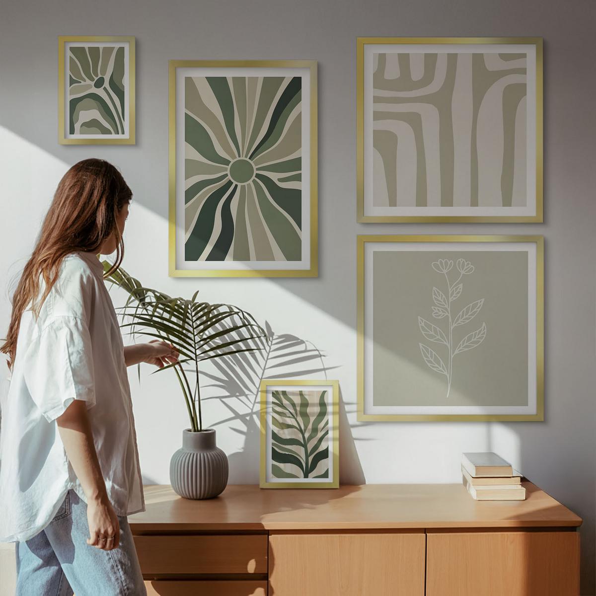 BILDER SET 5er Set - 50x50 cm & 20x30 cm & 40x60 cm Goldrahmen - Pflanzenmuster grüner Minimalismus - Goldfarben, Kunststoff (40/60cm) - TULUP
