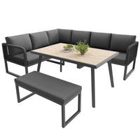 LOUNGEGARNITUR 6-tlg. PE-Rattan Grau Ecksofa mit Tisch & Bank für Terrasse - Grau, Textil - Urban Meuble