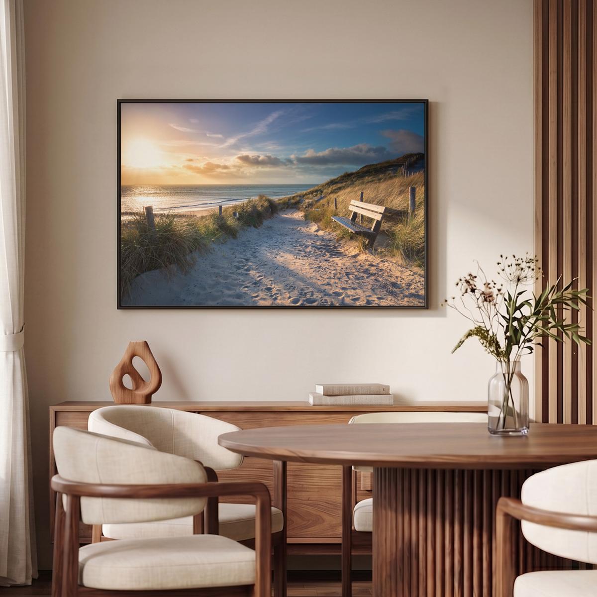 LEINWAND Bilder mit Rahmen - Sonnenuntergang - Strand - Düne - Gras - Ufer - 90x60 - Sandfarben, Textil (90/60cm) - MuchoWow