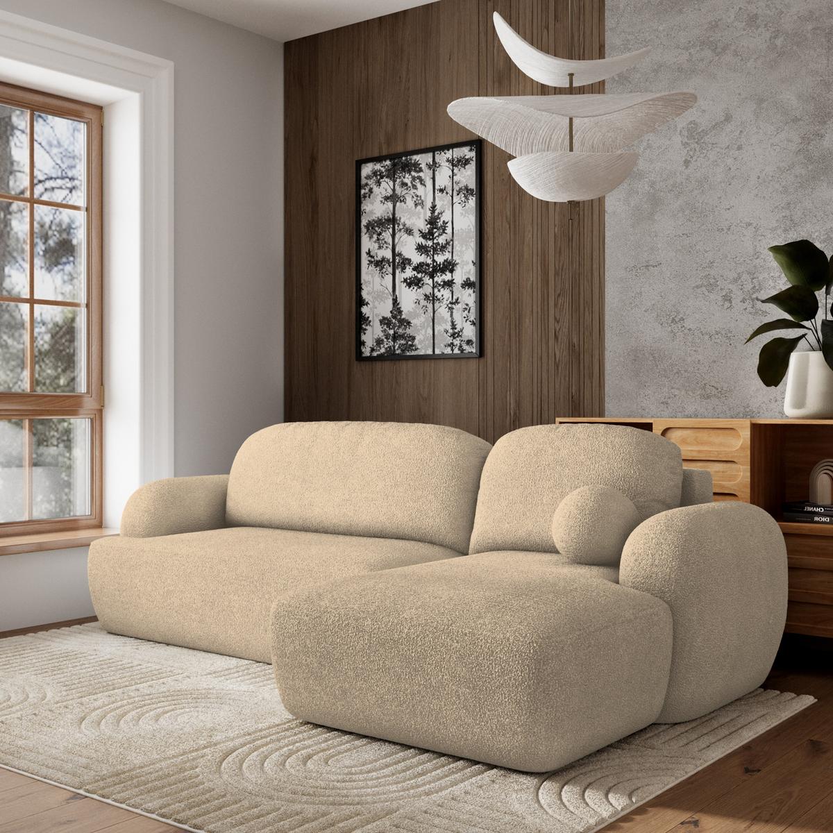 ECKSOFA MODENZA N R-S Creme Boucle-Stoff mit Schlaffunktion - Creme/Schwarz, Holz/Kunststoff (266/148cm) - MASSENO