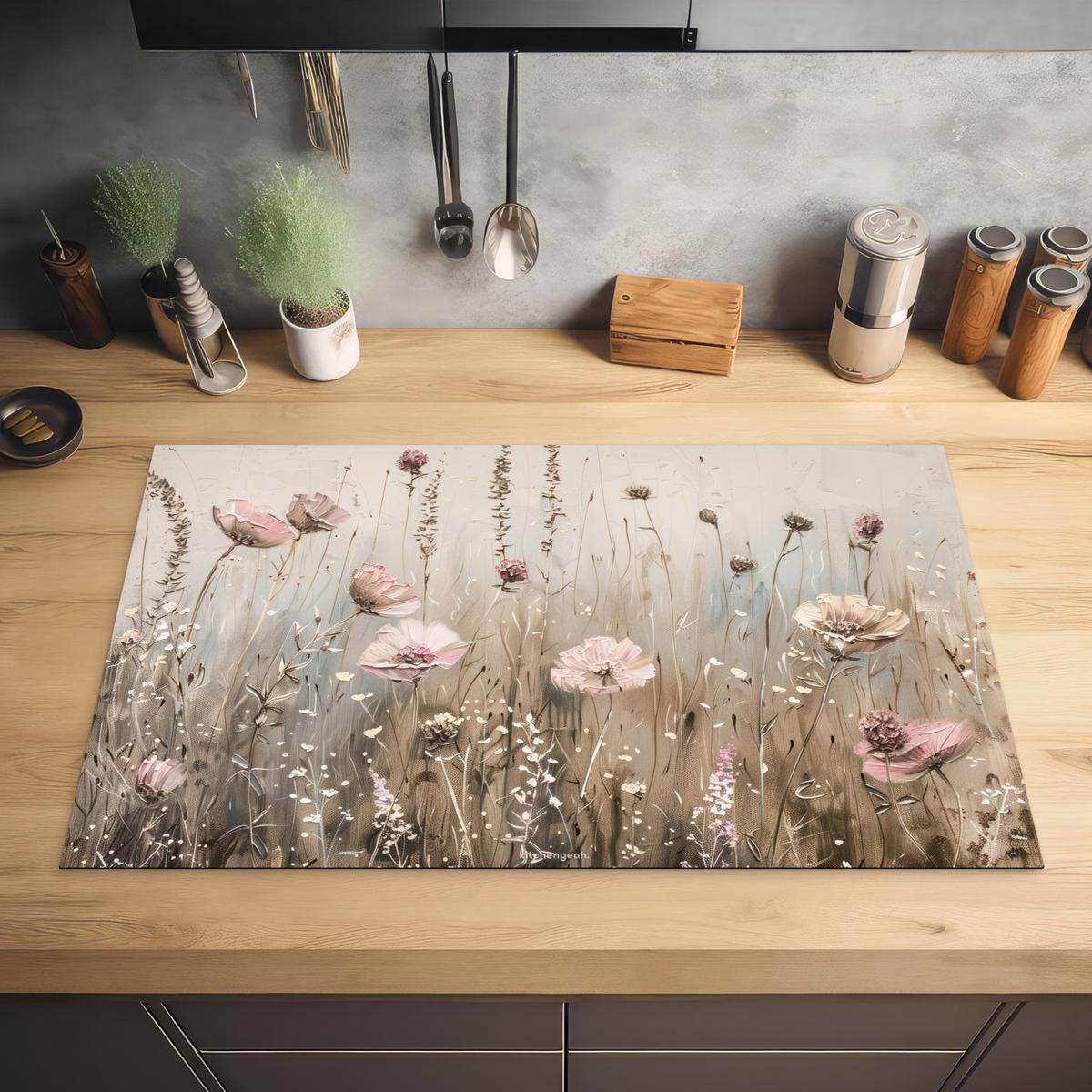HERDABDECKPLATTE Blumen - Beige - Trockenblumen Induktionsmatte 83x51 cm - Beige, Kunststoff (83/51.5/0.2cm) - MuchoWow