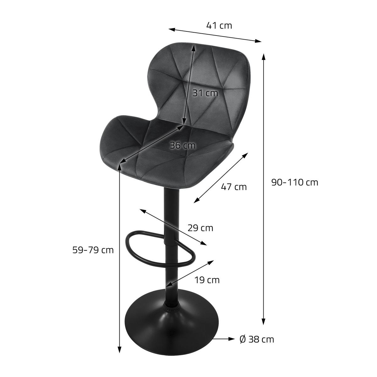 BARHOCKER 4er Set Samt grau - Schwarz/Grau, Textil/Metall (41/110/47cm) - ML-DESIGN