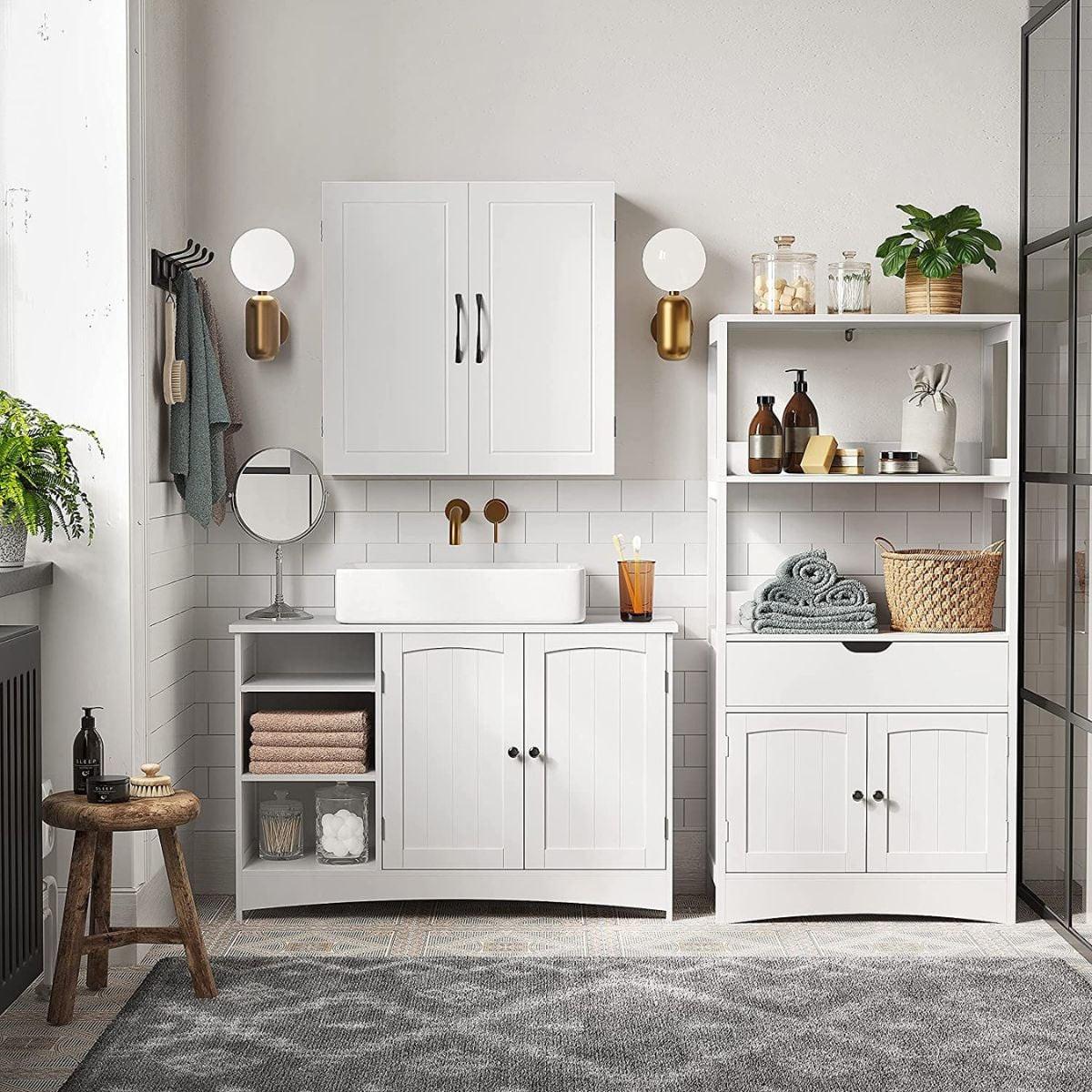WASCHBECKENUNTERSCHRANK Weiß 2 Türen 3 Nischen - L90 cm - Weiß, Holzwerkstoff (90/60/30cm) - Calicosy