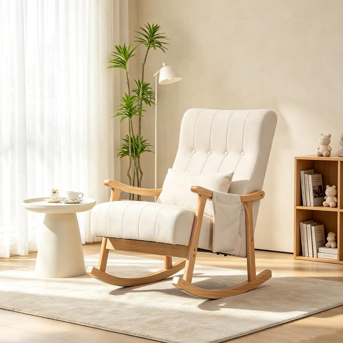 SCHAUKELSTUHL Schaukelsessel mit Lendenkissen, Seitentasche für Wohnzimmer Beige - Beige/Naturfarben, Holz/Buchenholz (65/98/90cm) - HOMCOM