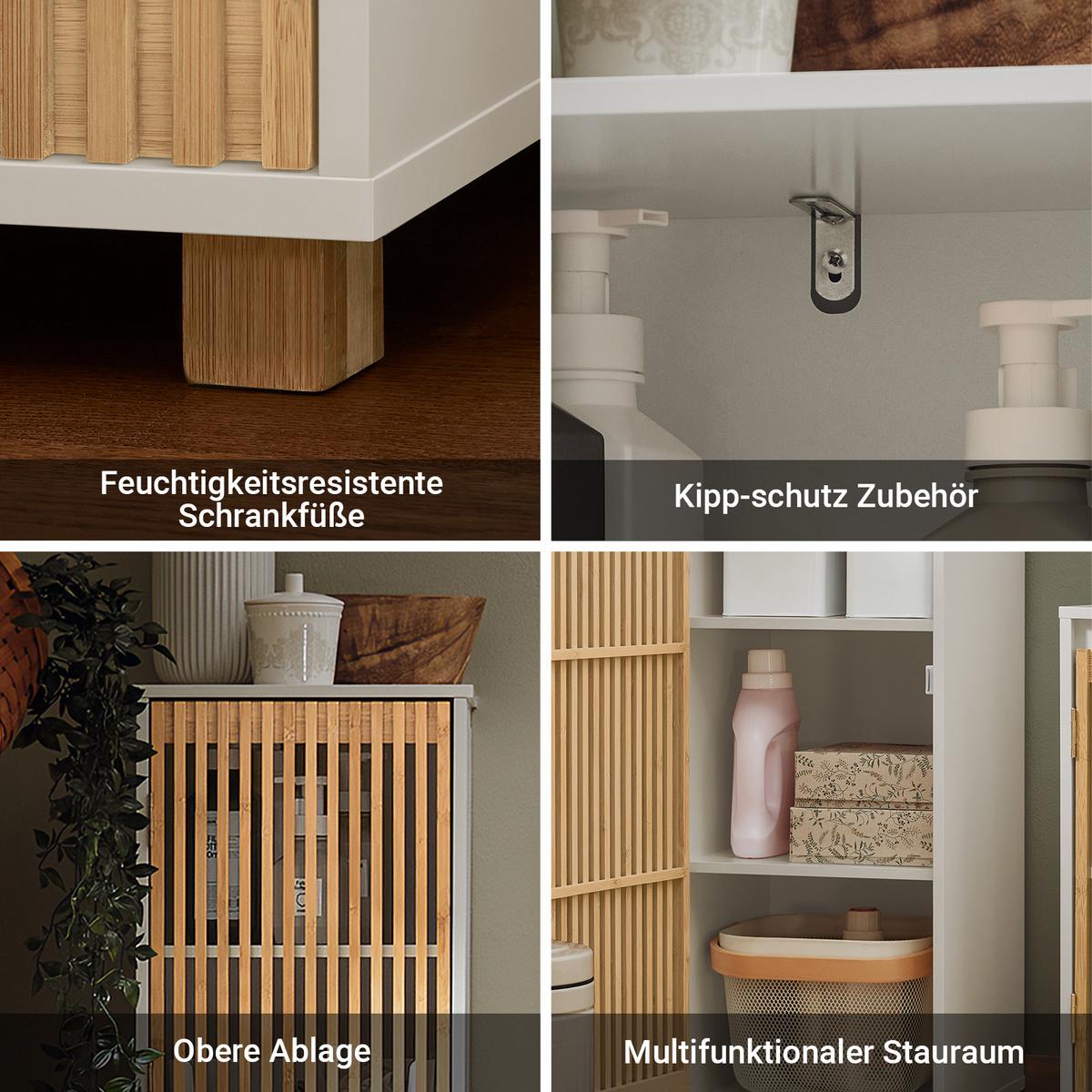 HOCHSCHRANK Weiß, Badschrank schmal mit Bambus-Massivholz-Türen, 33 x 165 cm, MDF (E1), für kleines Bad - Weiß/Naturfarben, Holz/Holzwerkstoff (33/165/33cm) - SoBuy