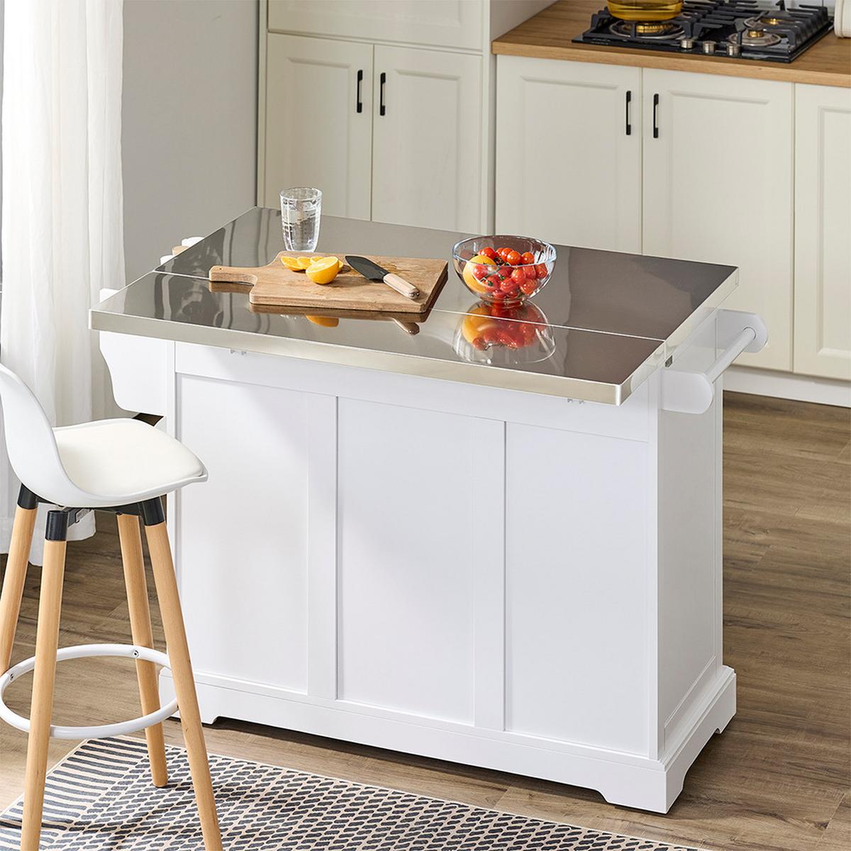 KÜCHENINSEL mit Edelstahl-Arbeitsplatte und Rollen 130×91×46(+25) cm - Weiß, Fell (107/91/71cm) - SoBuy