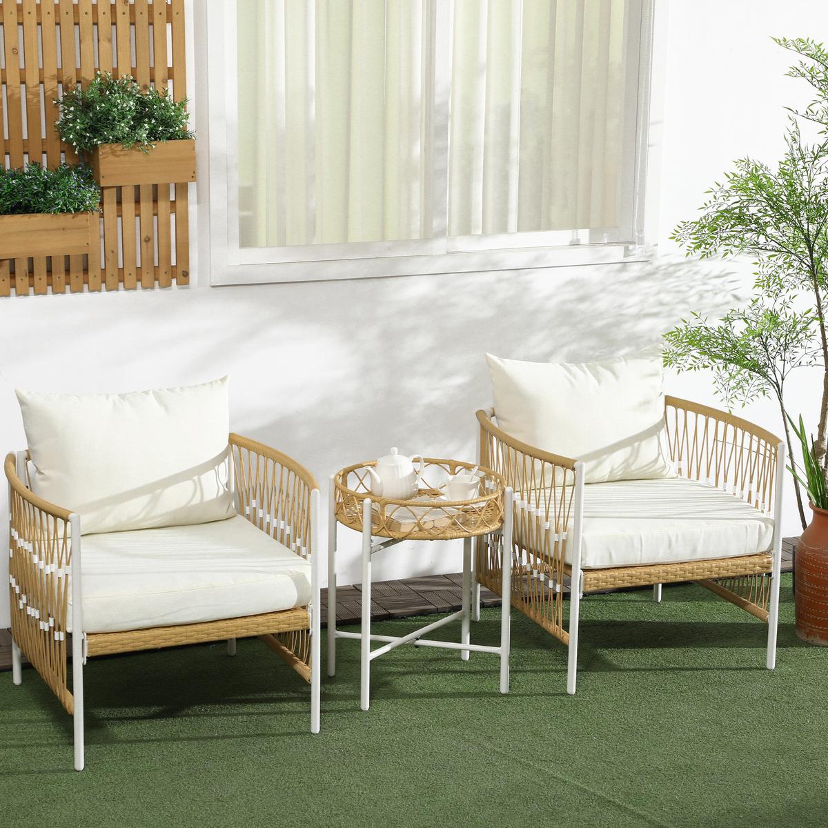 GARTENGARNITUR mit 2 Gartenstühle, 3er-Set Rattan Gartenmöbel-Set, Gelb+Creme - Gelb, Kunststoff - Outsunny