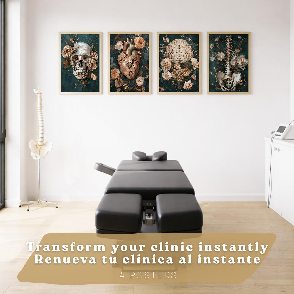 POSTER Set aus 4 Anatomie Drucke und mit Schädel Herz Gehirn Wirbelsäule Skelett Becken Klassisches Florales Design Größe Leichter Holzrahmen A4 - Beige, Papier (21/29.7/3cm) - Nacnic