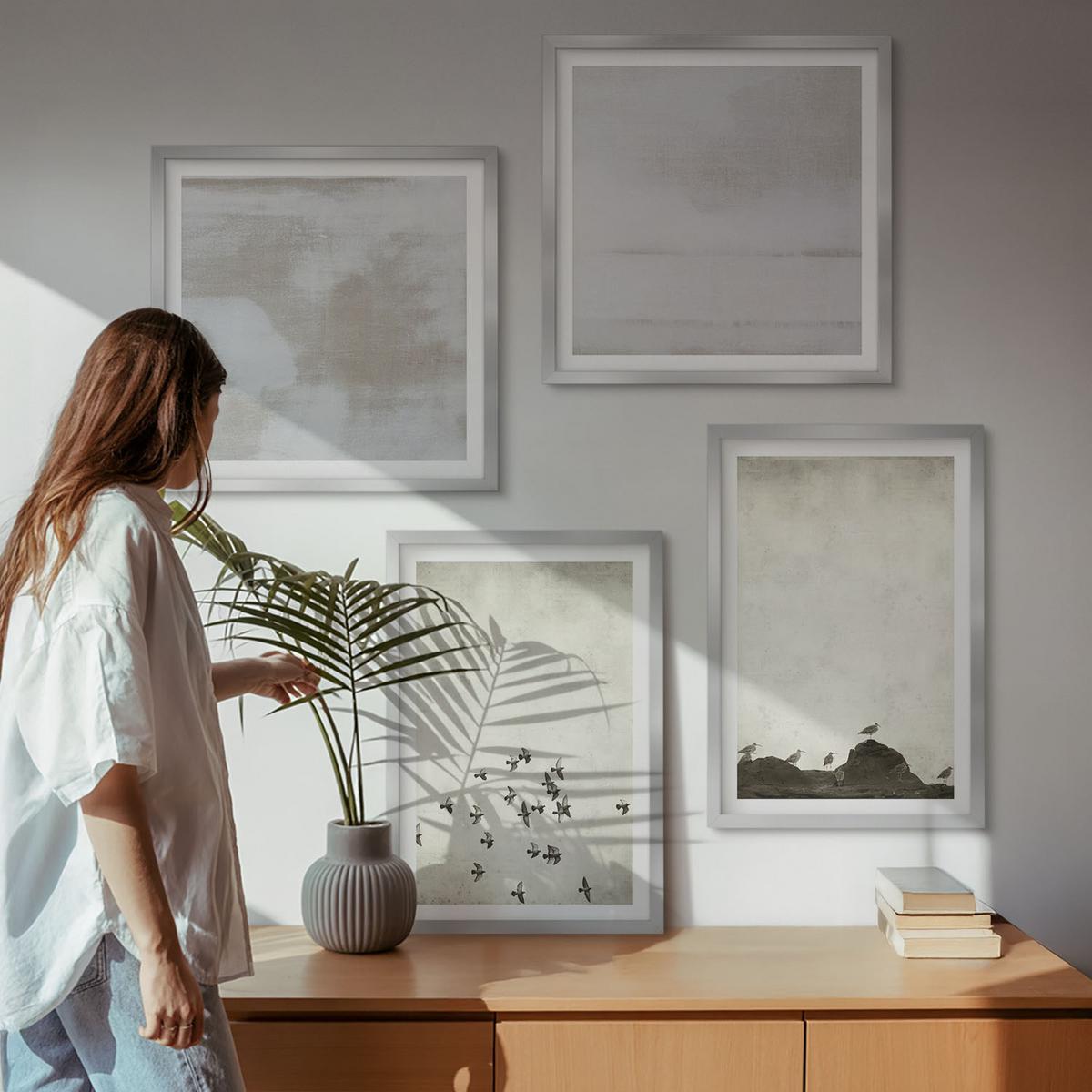 BILDER SET 4er Set - 50x50 cm & 40x60 cm Silberner Rahmen - Minimalistische Vögel im Flug - Silberfarben, Kunststoff (50/50cm) - TULUP