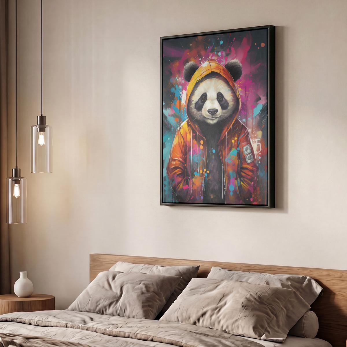 LEINWAND Bilder mit Rahmen - Panda - Jacke - Graffiti - Orange - 60x80 - Orange, Textil (60/80cm) - MuchoWow