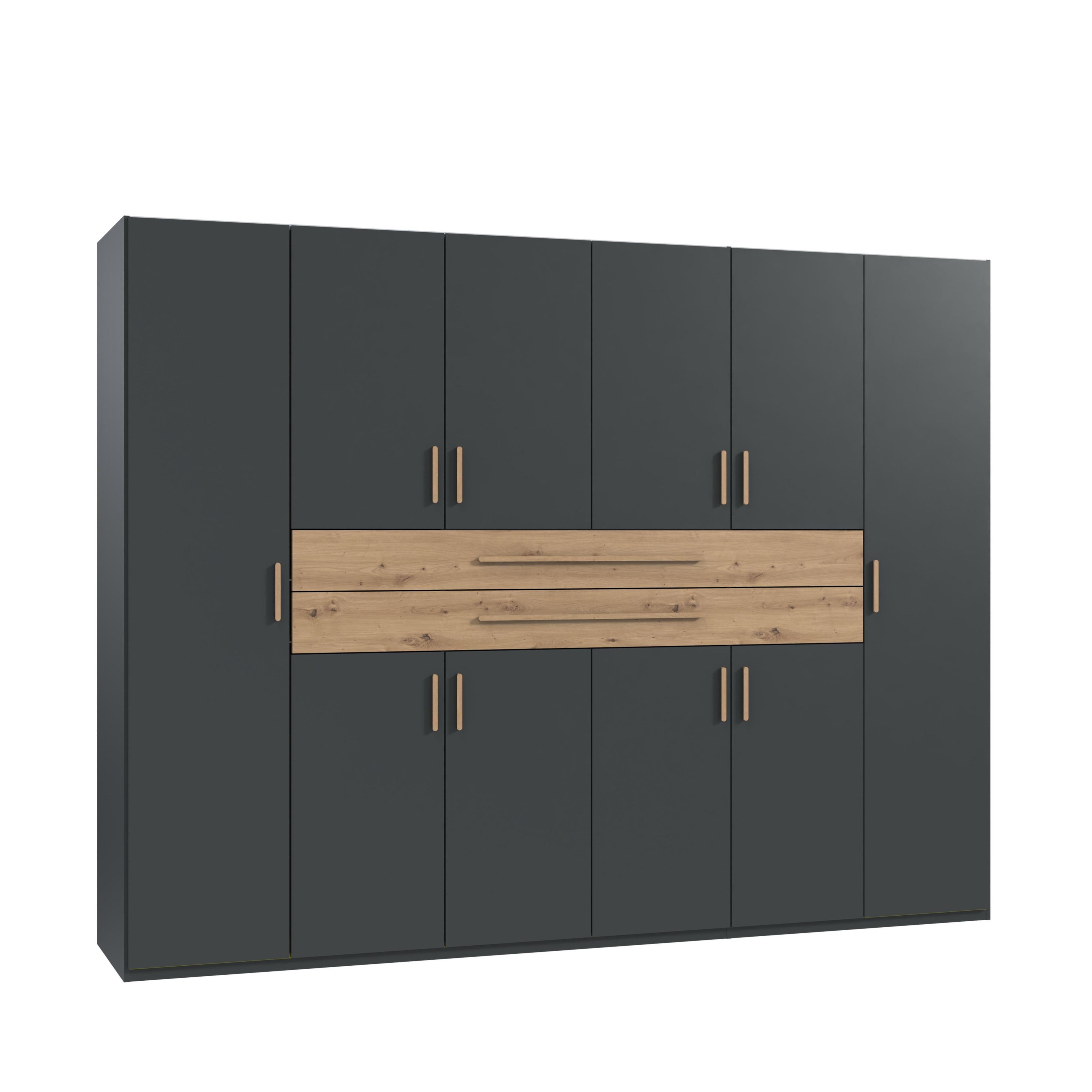 DREHTÜRENSCHRANK B270/H208/T58 cm in Grafit, Kleiderschrank mit 2 großen Schubkästen und Griffen in Eiche Artisan Dekor / 22643 - Graphitfarben/Eiche Artisan, Holzwerkstoff/Kunststoff (270/208/58cm) - luma-home