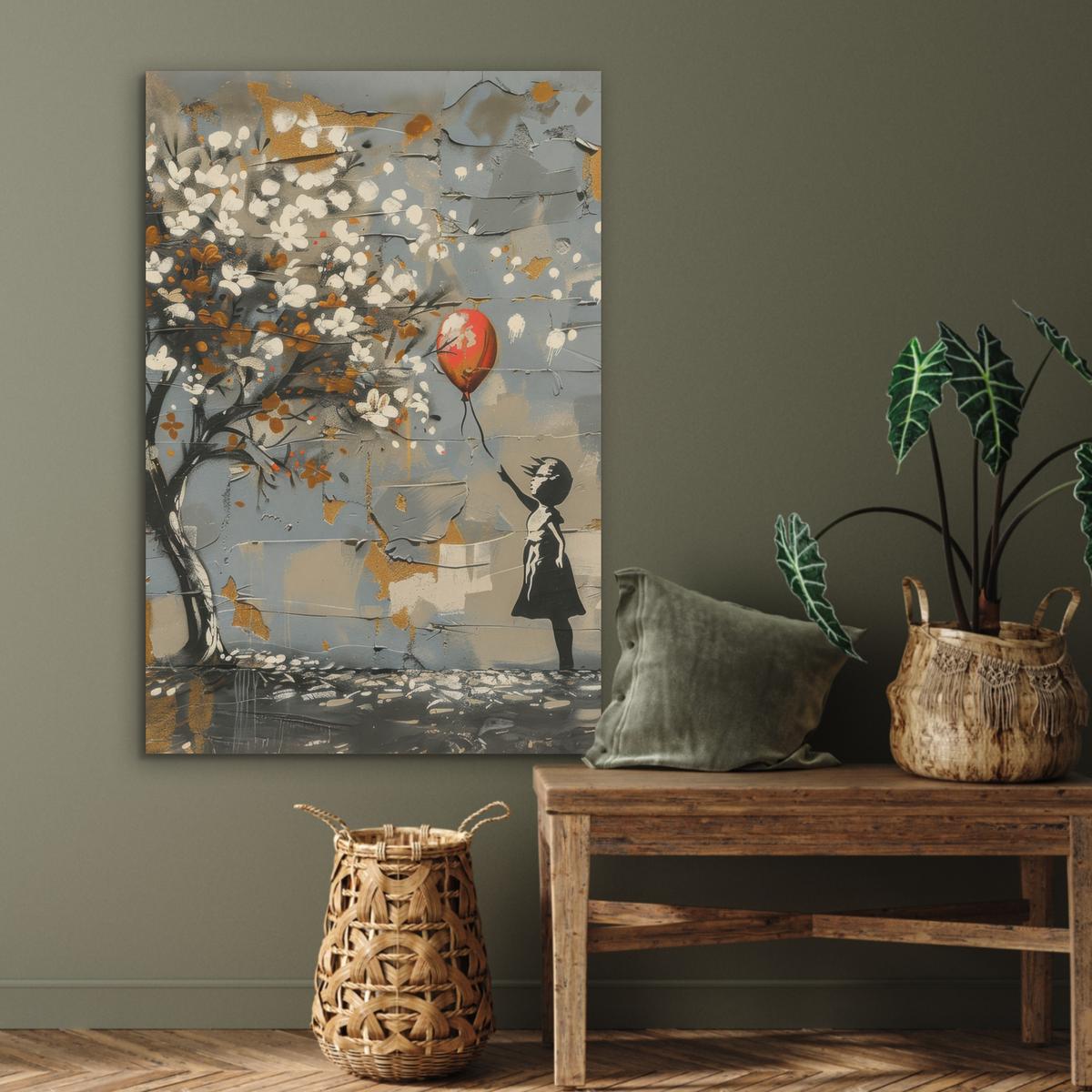 AKUSTIKBILD Baum - Graffiti - Banksy-Stil - Ballon-Mädchen Wanddeko 70x100 cm - Blaugrau, Kunststoff (70/100/0.9cm) - MuchoWow