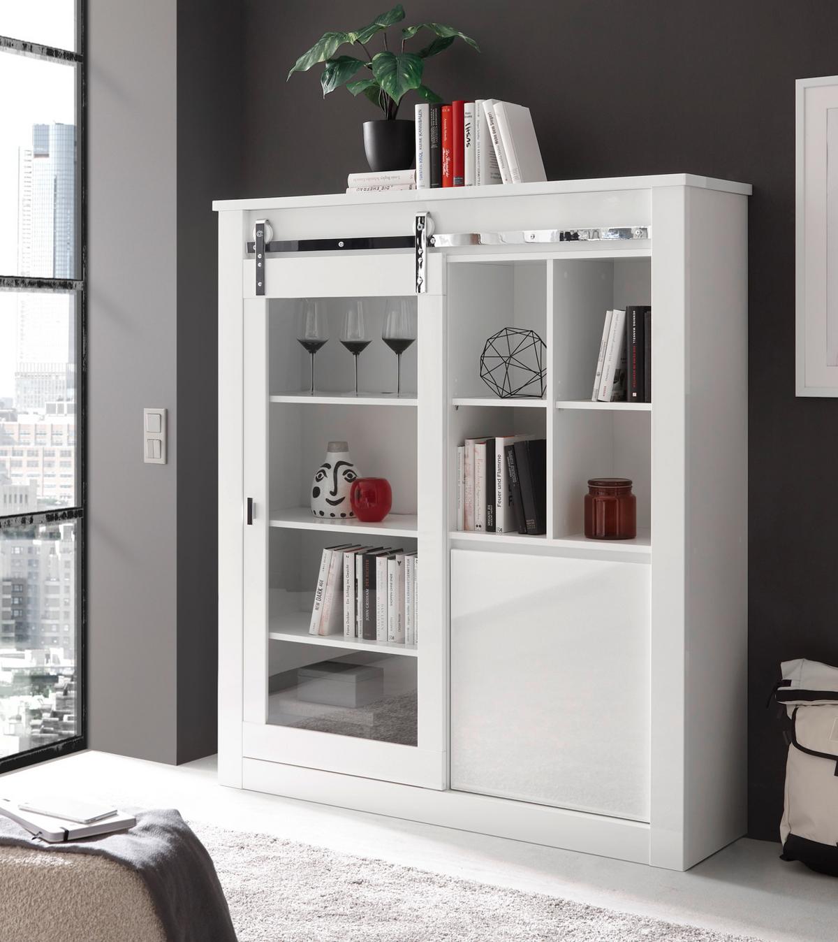 VITRINE weiß Hochglanz 133 x 153 cm, Vitrinenschrank inklusive LED-Beleuchtung, Soft-Close - Chromfarben/Weiß Hochglanz, Glas/Holzwerkstoff (133/153/38cm) - Furn.Design