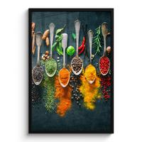 POSTER MIT RAHMENGERAHMTES BILD Kräuter - Gewürze - Löffel 60x90 cm - Currygelb, Papier (60/90cm) - MuchoWow