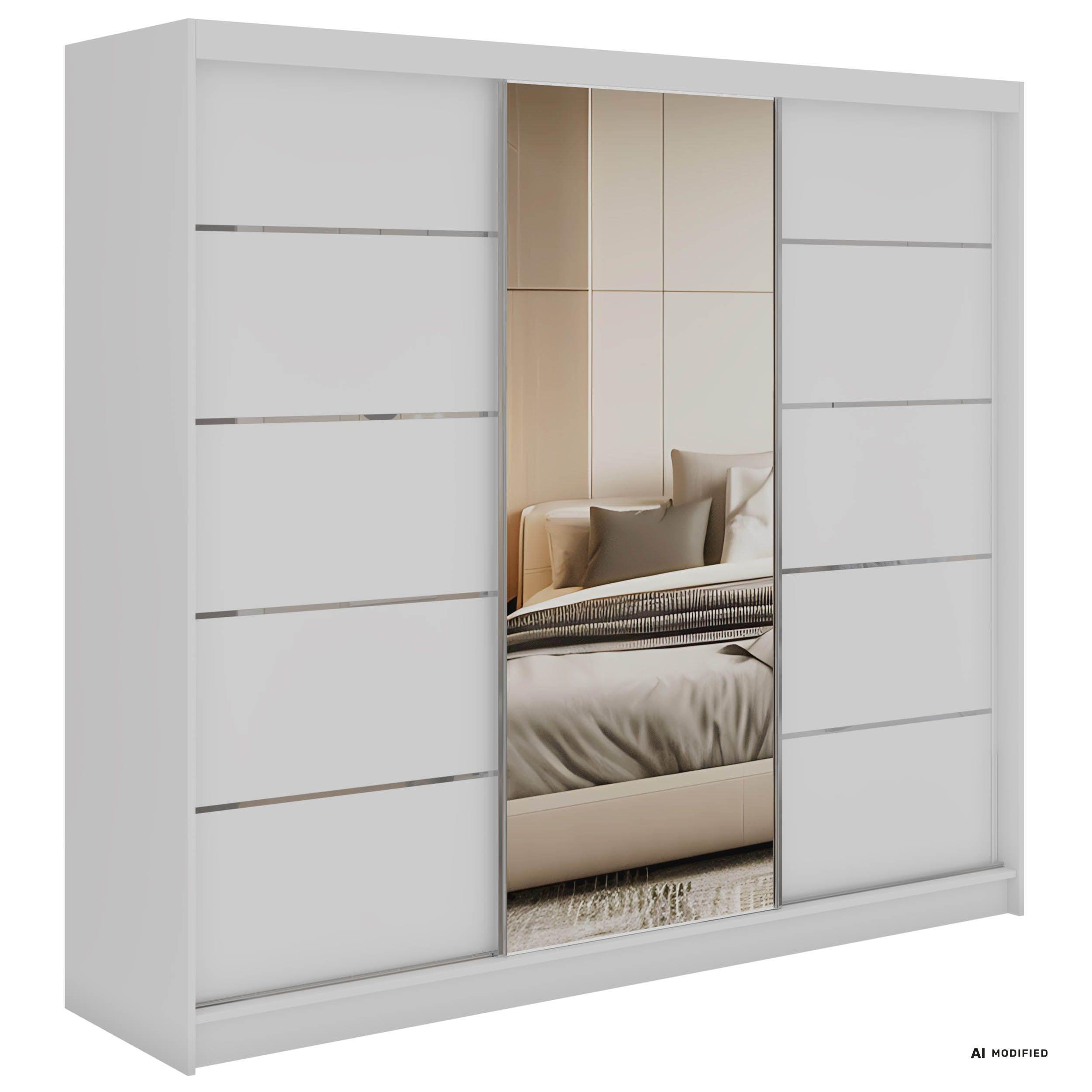 SCHWEBETÜRENSCHRANK 240 - SKORIA - Weiß mit Spiegel - Alufarben/Weiß, Holzwerkstoff/Metall (240/216/61cm) - MKS