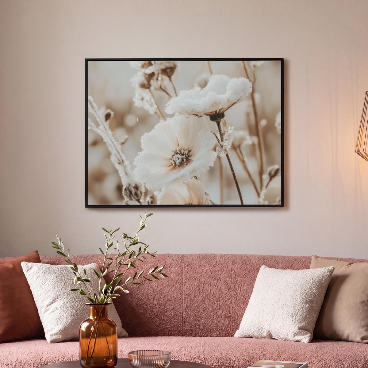 LEINWAND Bilder mit Rahmen - Blumen - Winter - Weiß - Schnee - Beige - 80x60 - Creme, Textil (80/60cm) - MuchoWow