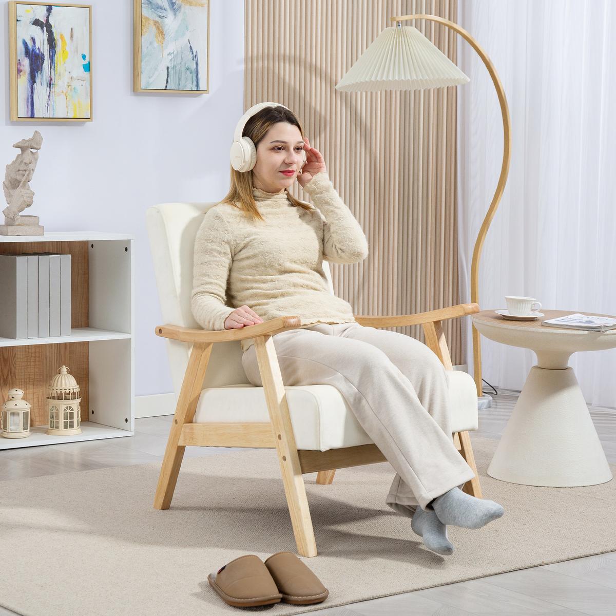 SESSEL Wohnzimmer Nordisch Relaxsessel mit Armlehne, Sitzkissen Cremeweiß - Creme, Kunststoff (65/83/80cm) - HOMCOM