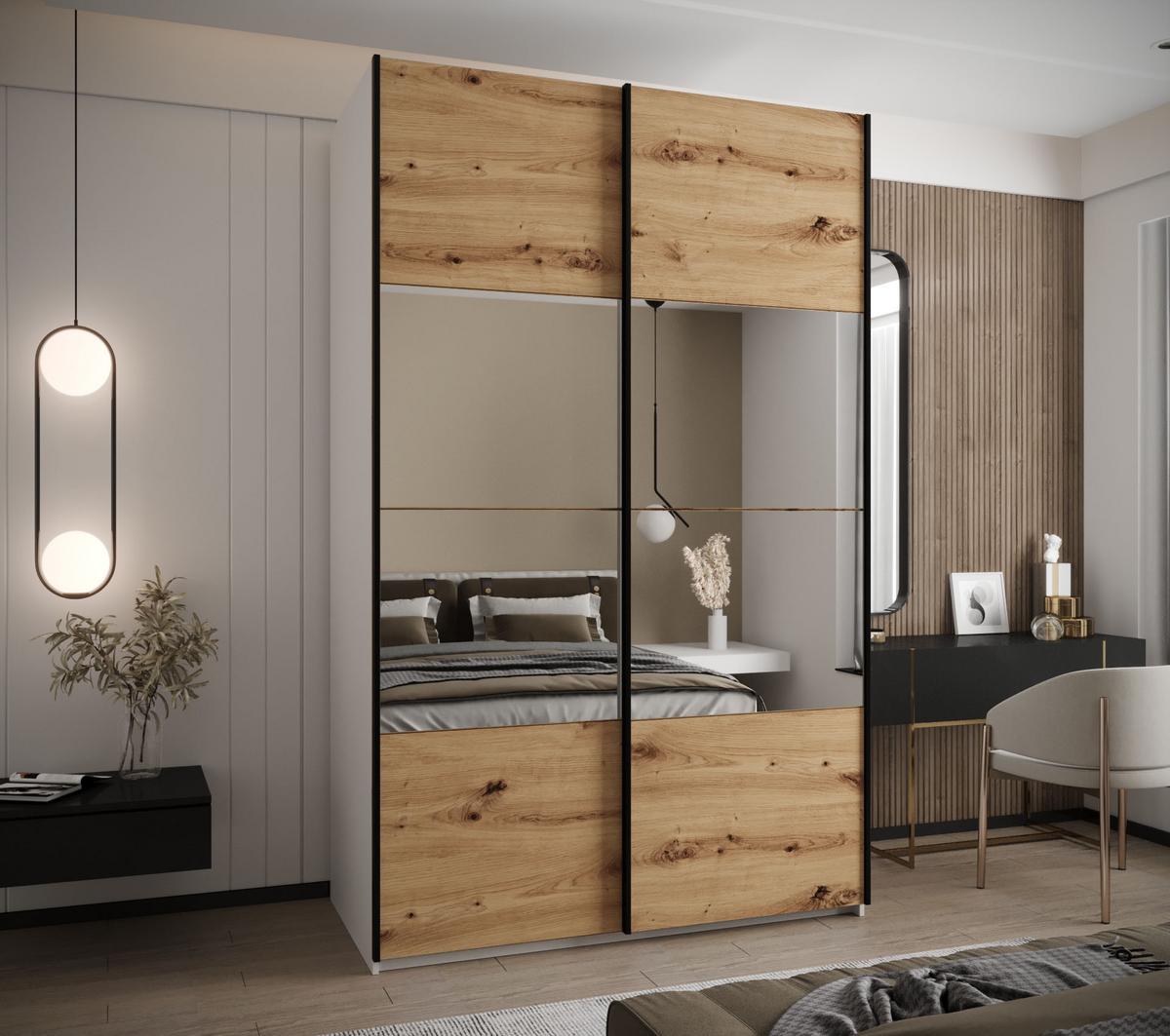 SCHWEBETÜRENSCHRANK 245,5/160/64 2-türig - Schwarz/Eiche Artisan, Holz/Metall (160/245/64cm) - Abiks Möbel
