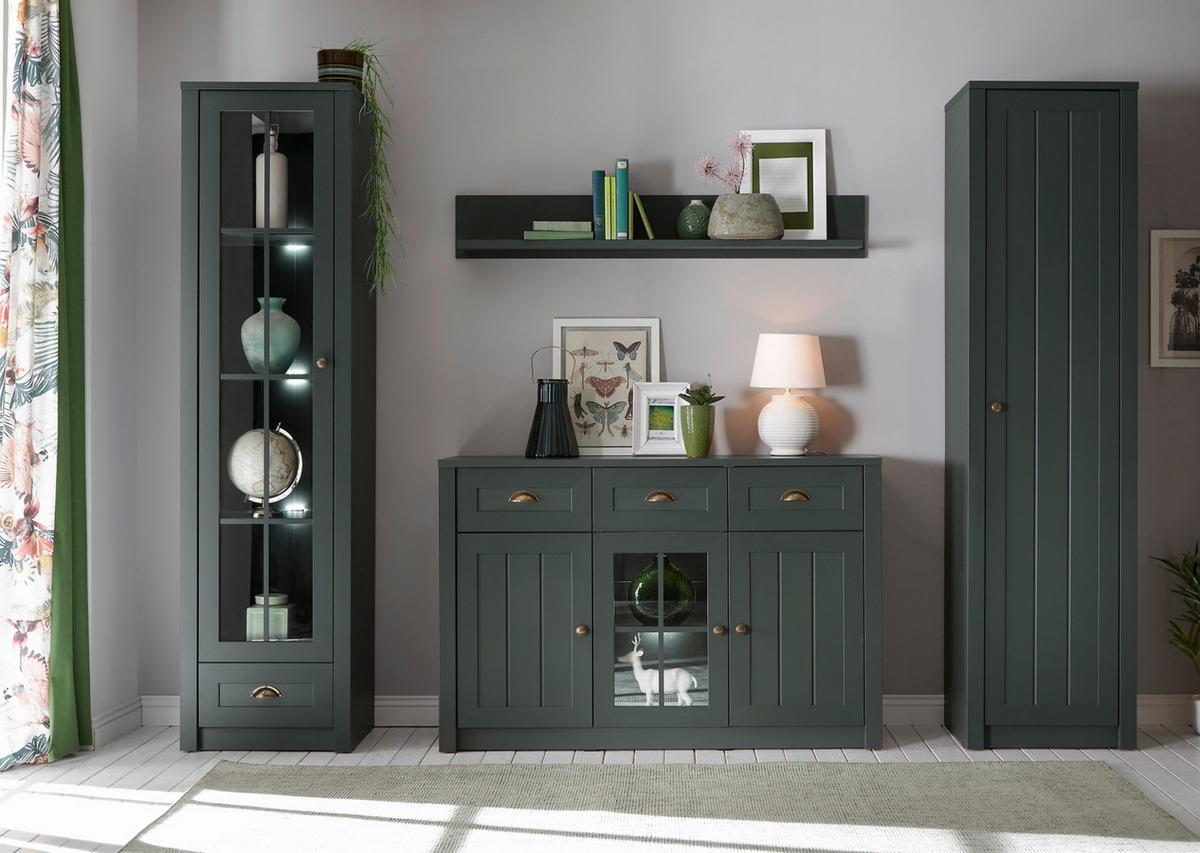 WOHNWAND grün 3-teilig 230 cm, Wohnkombination im Landhaus-Stil - Chromfarben/Schwarz, Glas/Holzwerkstoff (230/198/43cm) - Furn.Design