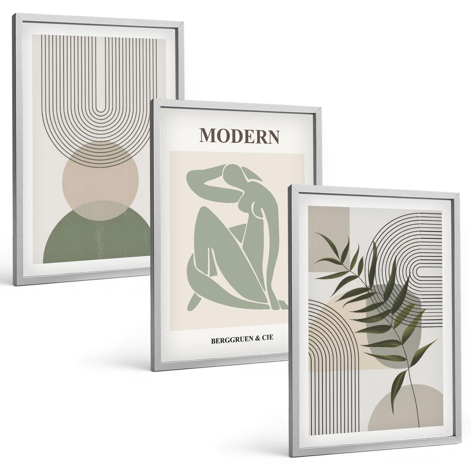 BILDER SET 3er Set - 40x60 cm Silberner Rahmen - Stilvolle Pflanzengrafiken - Silberfarben, Kunststoff (40/60cm) - TULUP