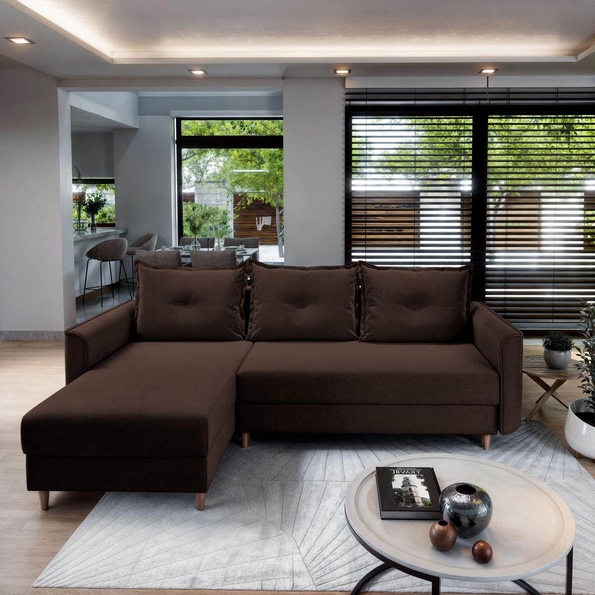 ECKSOFA PISAN R-S Braun Plüsch-Stoff mit Schlaffunktion - Braun, Holz/Textil (220/140cm) - MASSENO