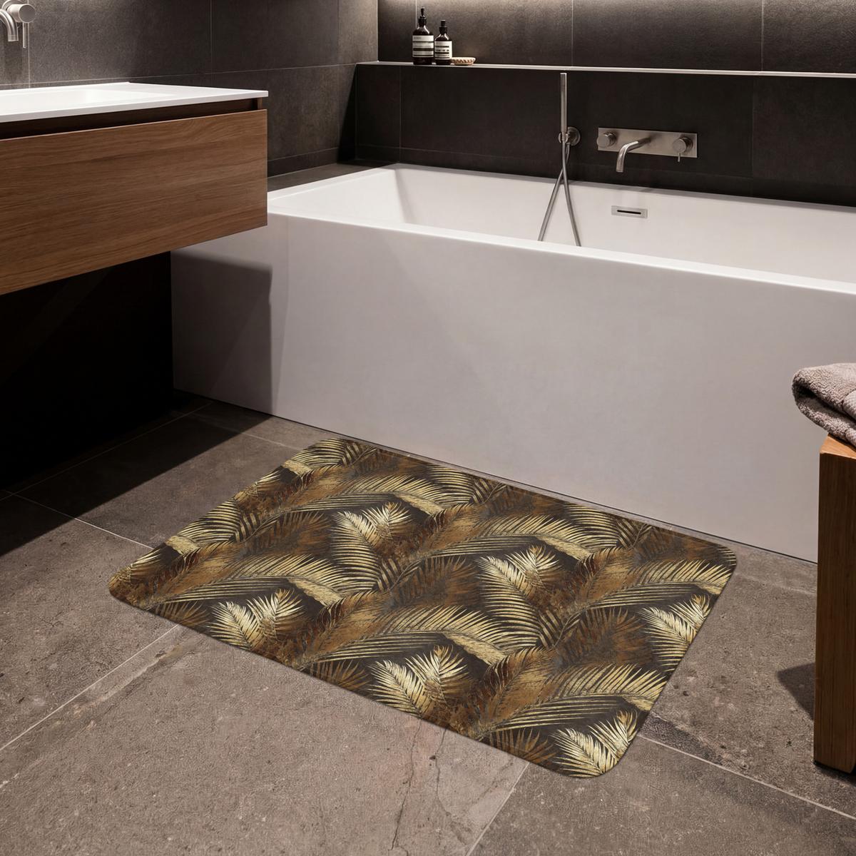 BADEMATTE Tropisch - Blätter - Gold 90x60 cm - Dunkelbraun/Goldfarben, Textil (90/60cm) - OnlyWow
