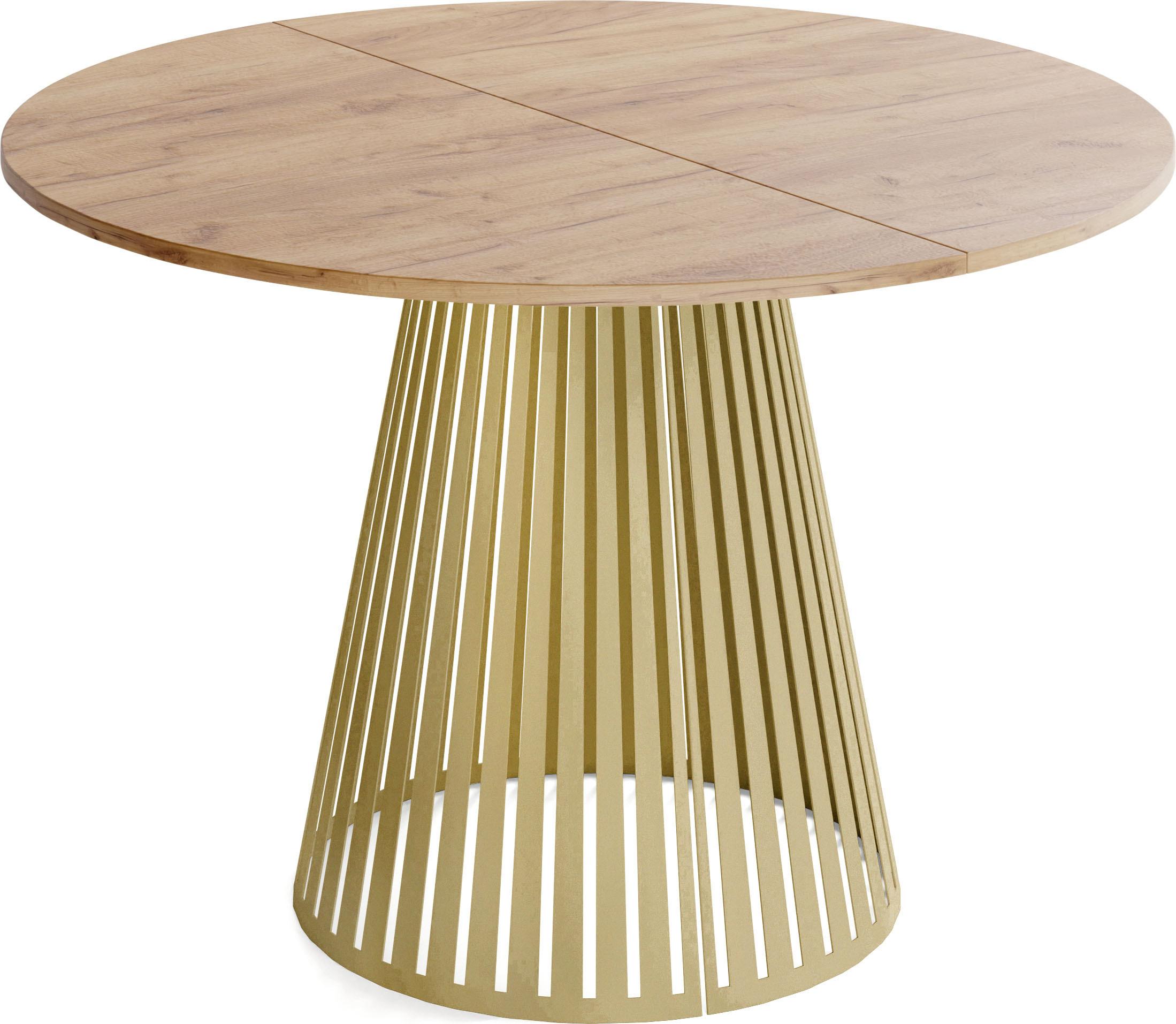 ESSTISCH Naro rund ausziehbar mit Goldenem Lamellen-Metallgestell, Braun 120-200/120/76 cm - Eiche Wotan/Goldfarben, Holzwerkstoff/Metall (120/196/76cm) - WFL GROUP