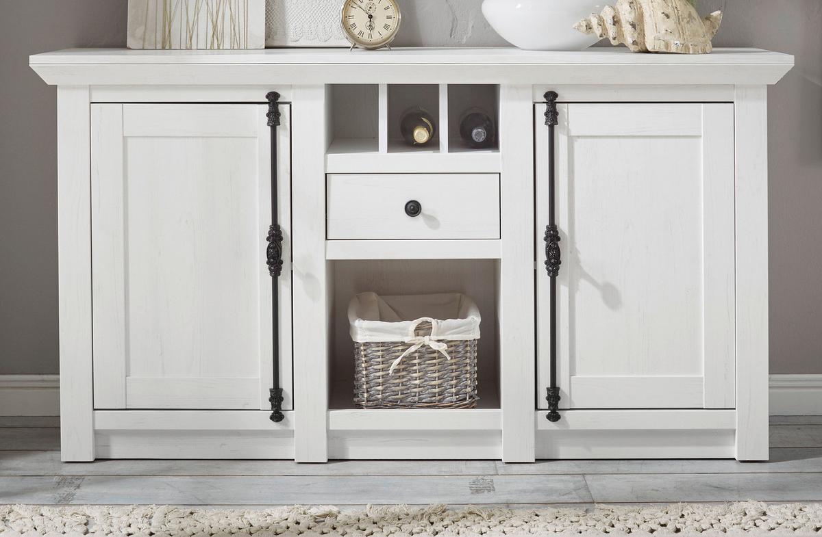 SIDEBOARD weiß Pinie Landhaus, Kommode mit Weinregal 152 x 83 cm - Anthrazit/Weiß, Holzwerkstoff/Metall (152/83/45cm) - Furn.Design