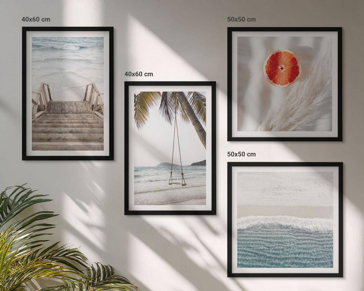 BILDER SET 4er Set - 50x50 cm & 40x60 cm Schwarzer Rahmen - Strandatmosphäre dank hölzerner Treppen. - Schwarz, Kunststoff (50/50cm) - TULUP