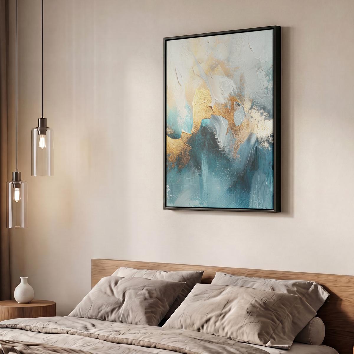 LEINWAND Bilder mit Rahmen - Abstrakt - Kunst - Gold - Blau - 60x80 - Petrol, Textil (60/80cm) - MuchoWow