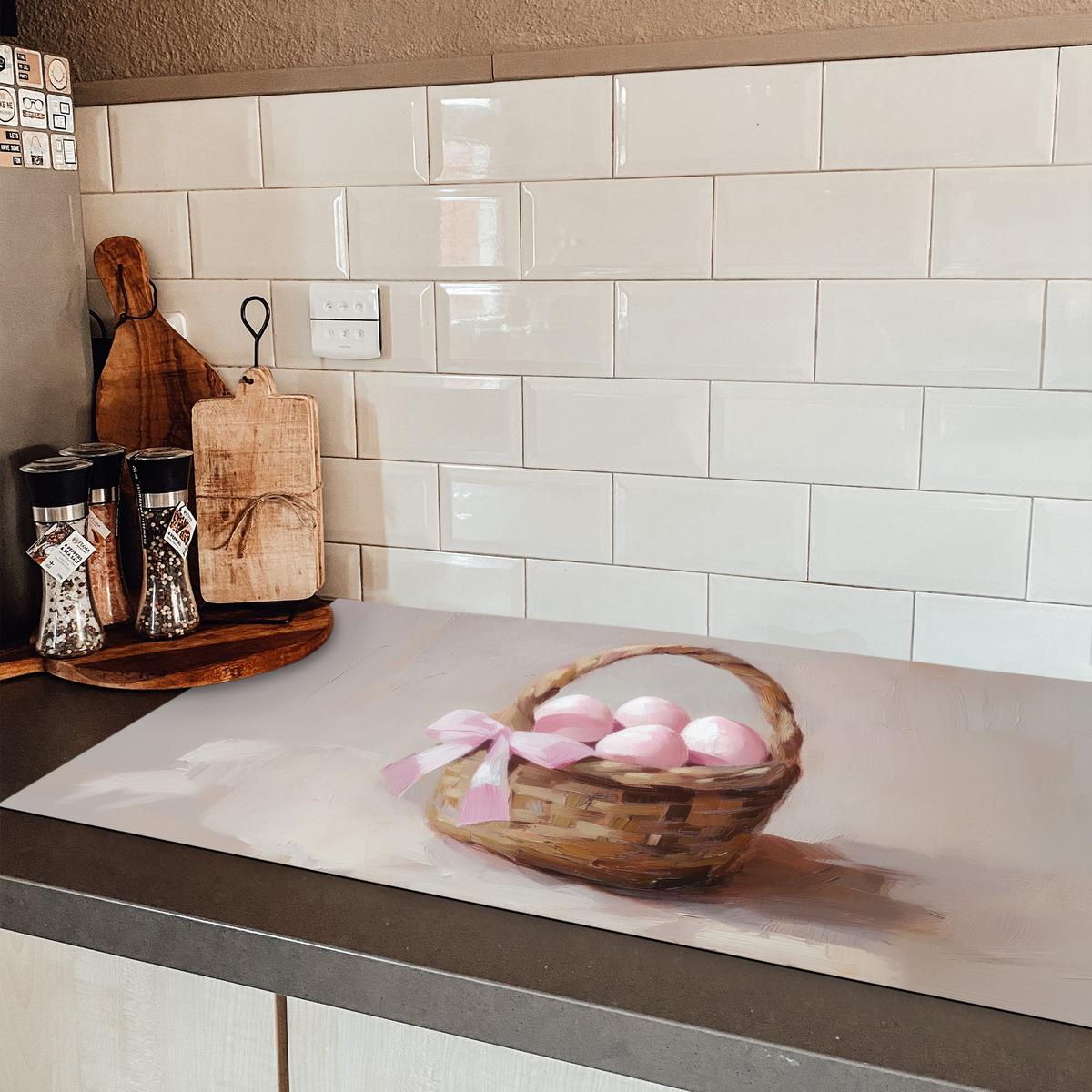 HERDABDECKPLATTE Korb - Eier - Rosa Ceranfeldabdeckung 90x52 cm - Beige, Kunststoff (90/52/0.2cm) - MuchoWow