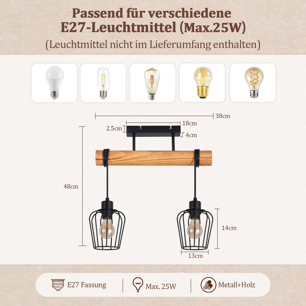 DECKENLEUCHTE Alaric 38/13/48 cm - Schwarz, Holz/Metall (38/13/48cm) - ZMH