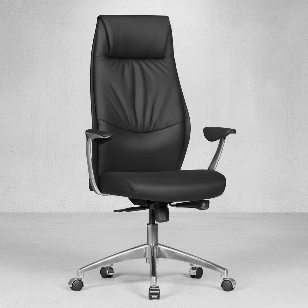 BÜROSTUHL Echtleder mit Synchronmechanik, Kopfstütze und hoher Rückenlehne, Schwarz 67x58x125 cm - Silberfarben/Schwarz, Leder/Metall (67/125/58cm) - KADIMA DESIGN