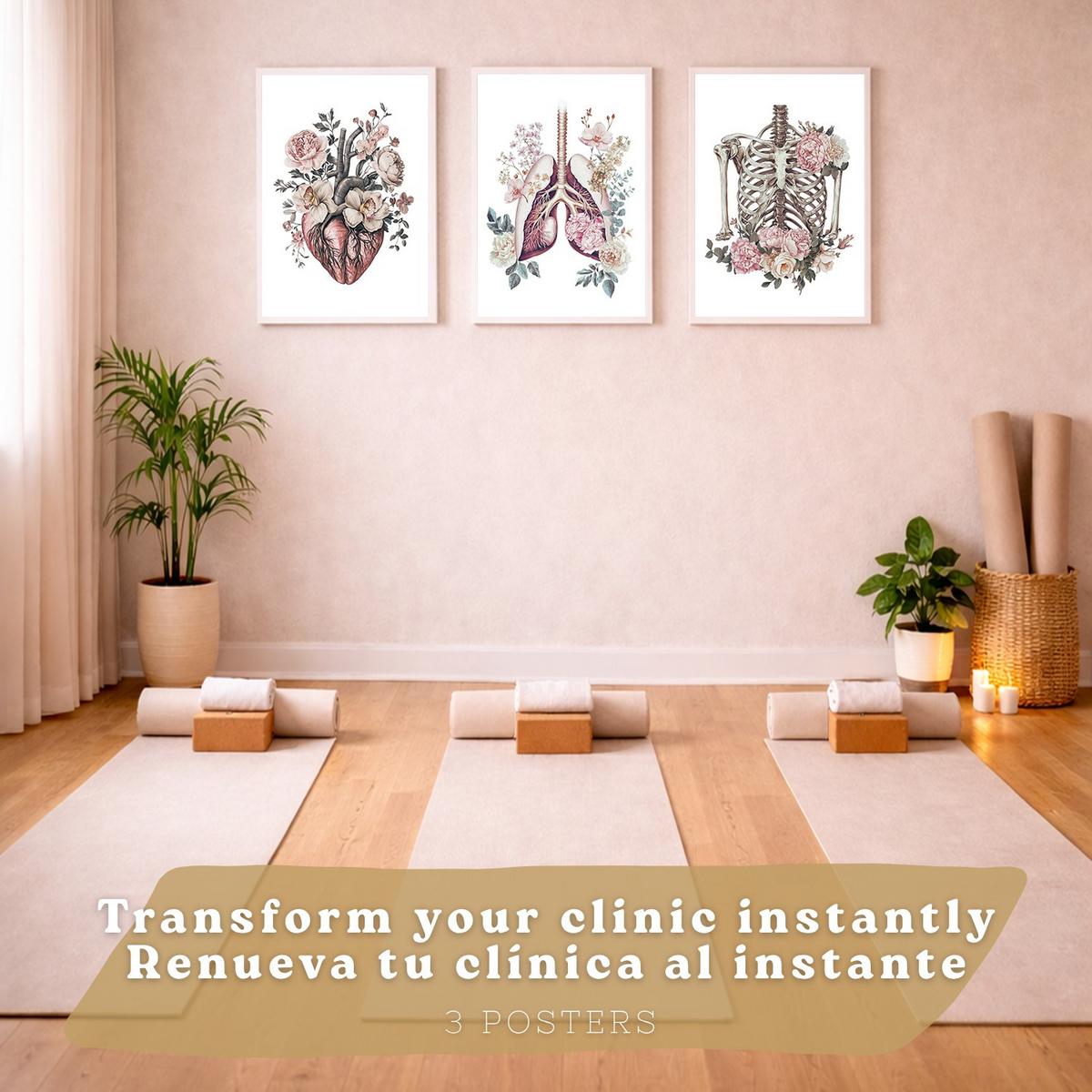 POSTER Set aus 3 Anatomie Florale Vintage Drucke und Wandbilder mit Herz Brustkorb und Lungen Detaillierter Illustrationsstil Größe Weißer Rahmen A3 - Weiß, Papier (29.7/42/3cm) - Nacnic