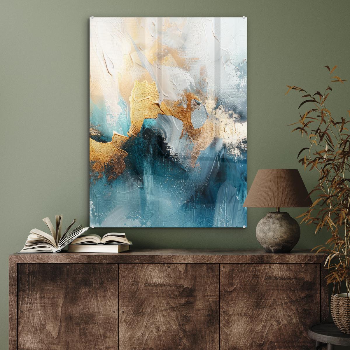 ACRYLGLASBILD Abstrakt - Kunst - Gold - Blau 60x80 cm - Petrol, Glas (60/80cm) - MuchoWow