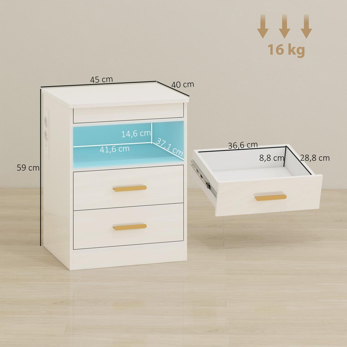 NACHTTISCH MDF Hochglanz-Weiß - Weiß Hochglanz, Holzwerkstoff/Metall (40/59/45cm) - HOMCOM