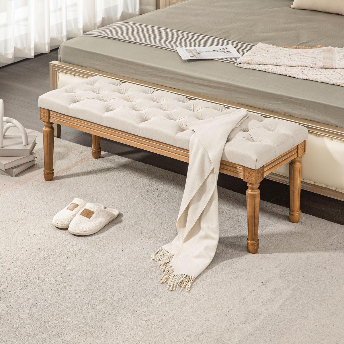 SITZBANK, Polsterbank mit Leinenoptik, Holzbeine für Schlafzimmer, Creme - Eukalyptusholzfarben/Creme, Holz/Kunststoff (41/48/120cm) - HOMCOM