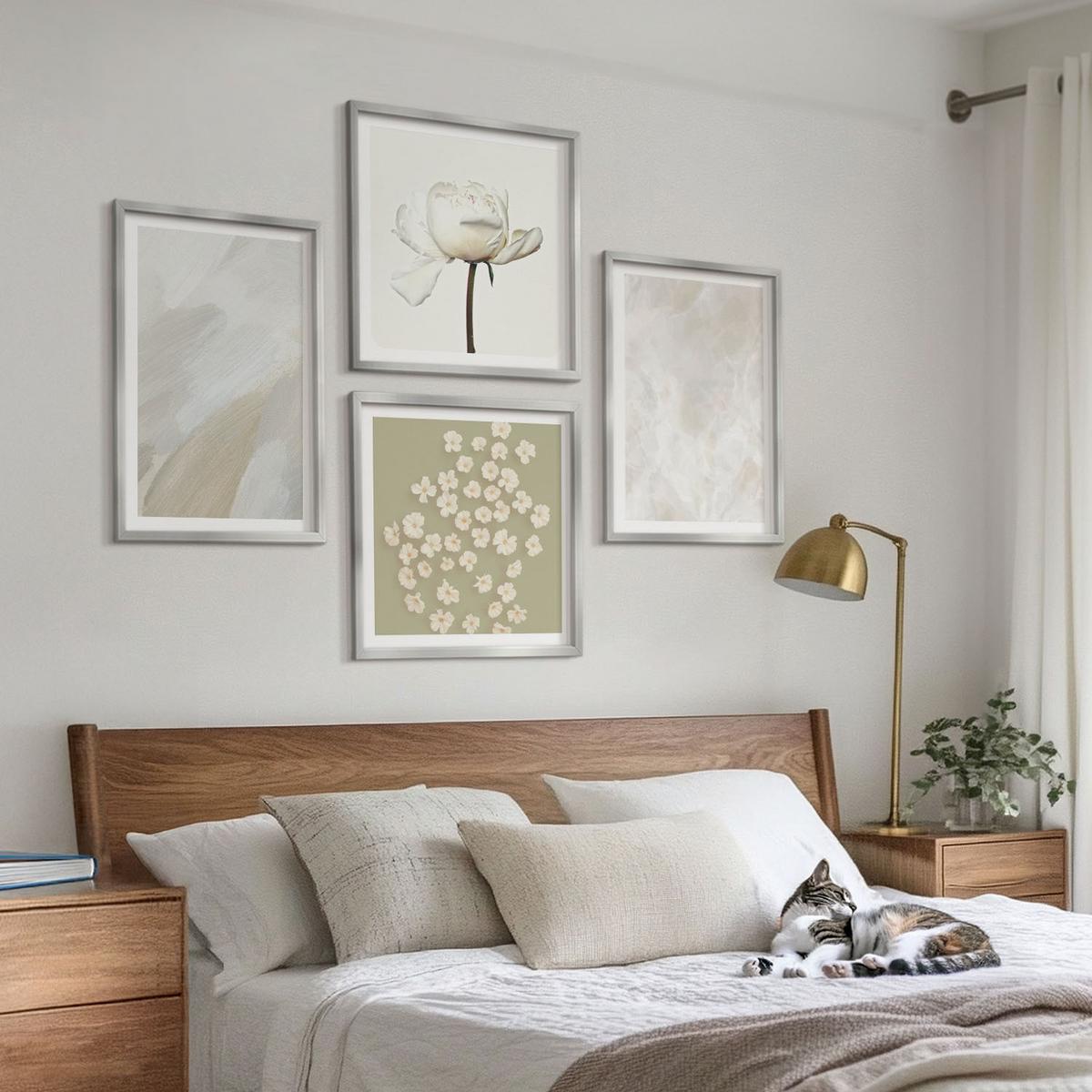 BILDER SET 4er Set - 50x50 cm & 40x60 cm Silberner Rahmen - Blumen, modische Boho-Texturen - Silberfarben, Kunststoff (50/50cm) - TULUP