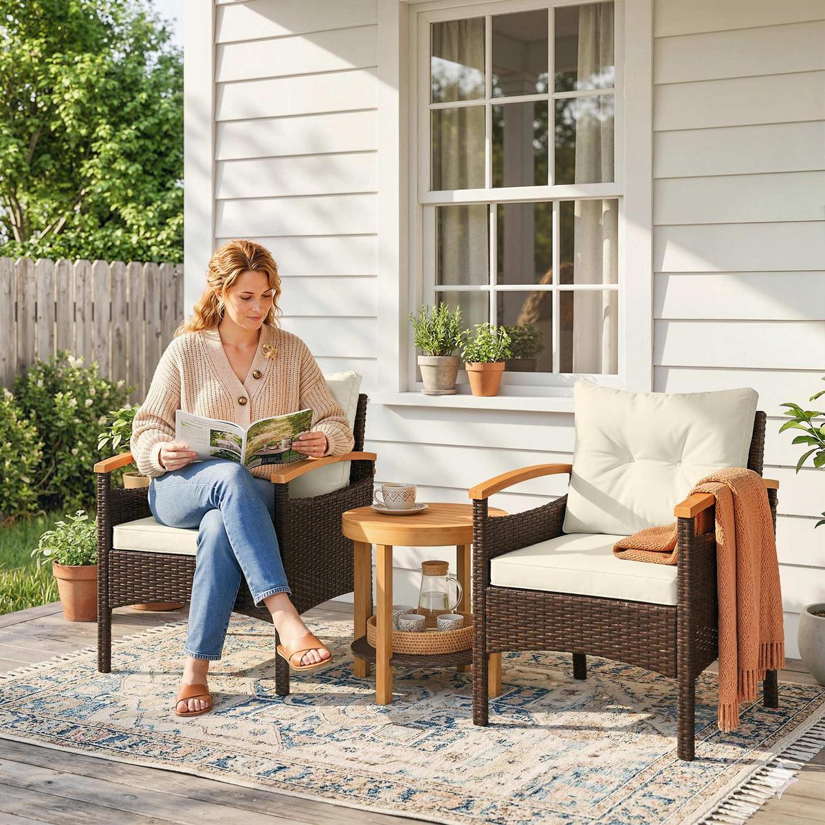 SITZGRUPPE 3-teilig aus PE-Rattan Stahl Cremeweiß - Creme/Braun, Kunststoff/Textil - Outsunny