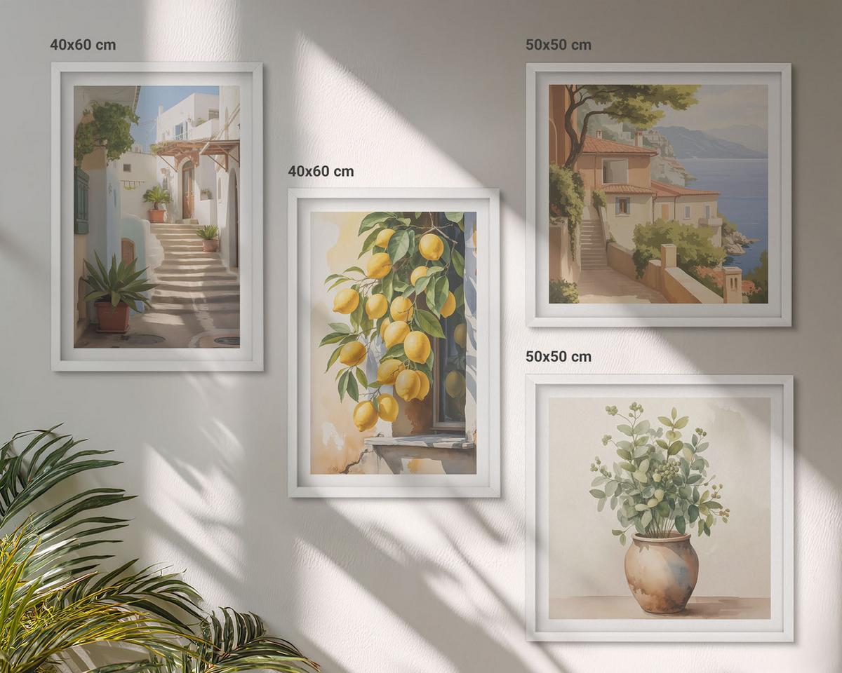 BILDER SET 4er Set - 50x50 cm & 40x60 cm Weißer Rahmen - Zitronenblumen im Topf, Straßen - Weiß, Kunststoff (50/50cm) - TULUP