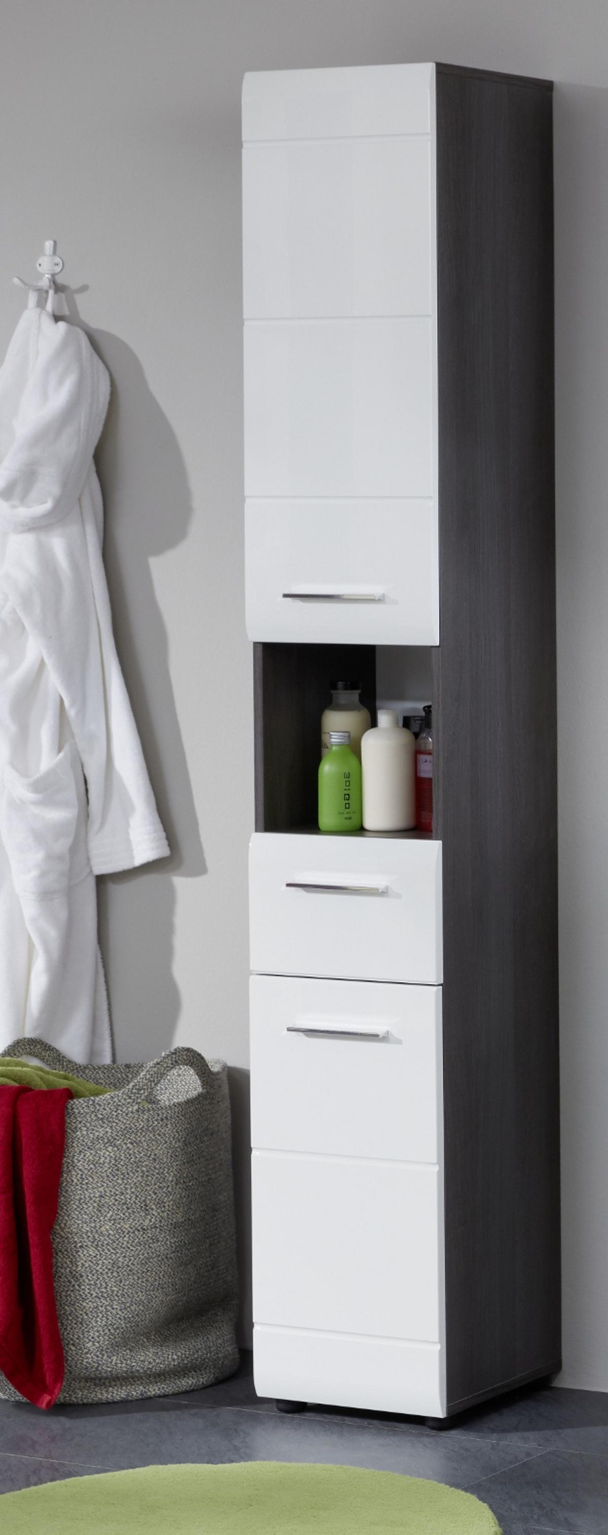 HOCHSCHRANK weiß Hochglanz, grau Rauchsilber 30 cm, Badschrank wechselbarer Türanschlag - Weiß Hochglanz/Silberfarben, Holzwerkstoff/Kunststoff (30/182/31cm) - Top.Furn
