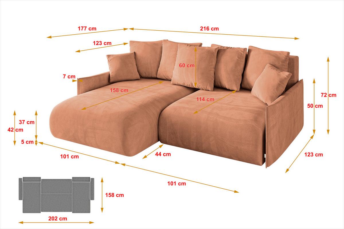 ECKSOFA Ottomane links ONESK-L-v1 216x177x72 Koralle Velours - Koralle, Holzwerkstoff/Kunststoff (216/177cm) - ALTDECOR